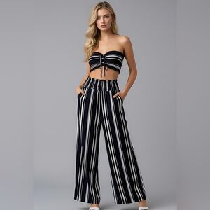 Blue/White Striped Drawstring Front Tube Top & Wide Leg Pants